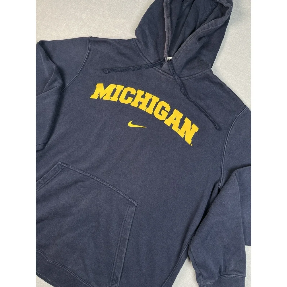 Vtg Michigan Wolverine Nike HoodieLarge Blue Spellout‎ Center Swoosh Stretch Y2K